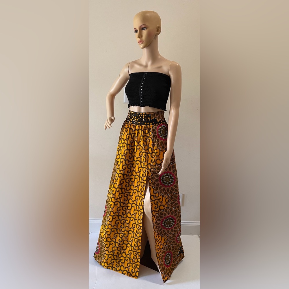 Yellow Multicolor African Print Ankara Handmade High Slit Maxi Skirt